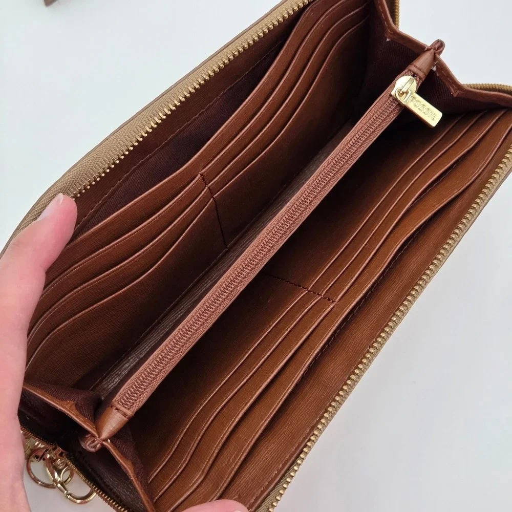 Fossil Logan Zip Around Clutch Wallet Metallic Gold Snake Embossed 8
